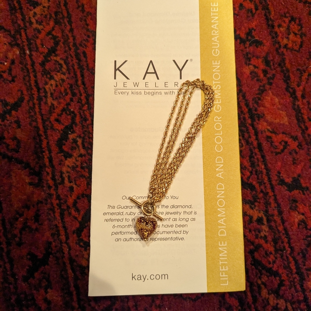 14k gold bracelet with gold dipped glass heart charm, toggle clasp, Kay Jewelers